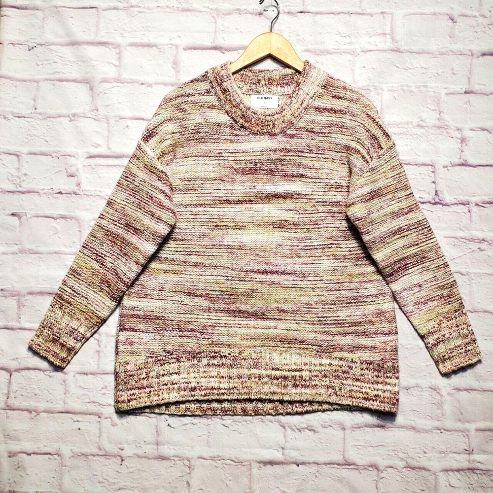 Old Navy Oversized Peplum Sweater Womens Medium Pink White Green Knit Cozy Thick